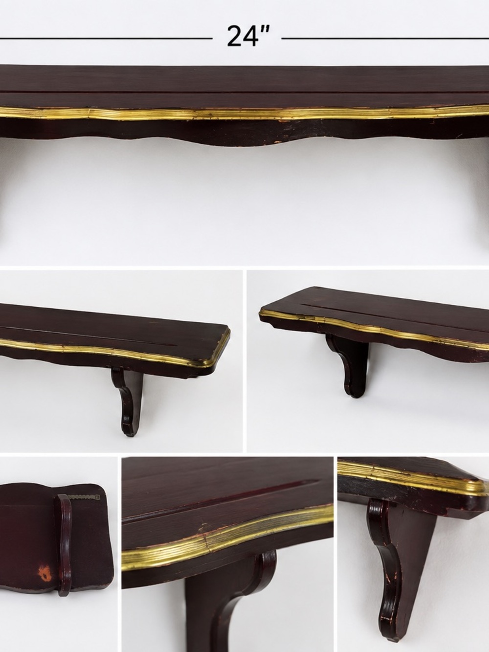 Vintage Wood Wall Shelf 24” Mahogany Burgundy Gold Trim Scalloped Display